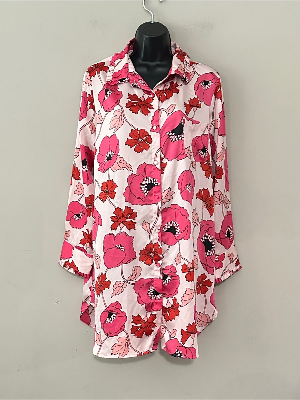 Kate Spade New York pink and red poppy floral print long-sleeve shirt dress lg